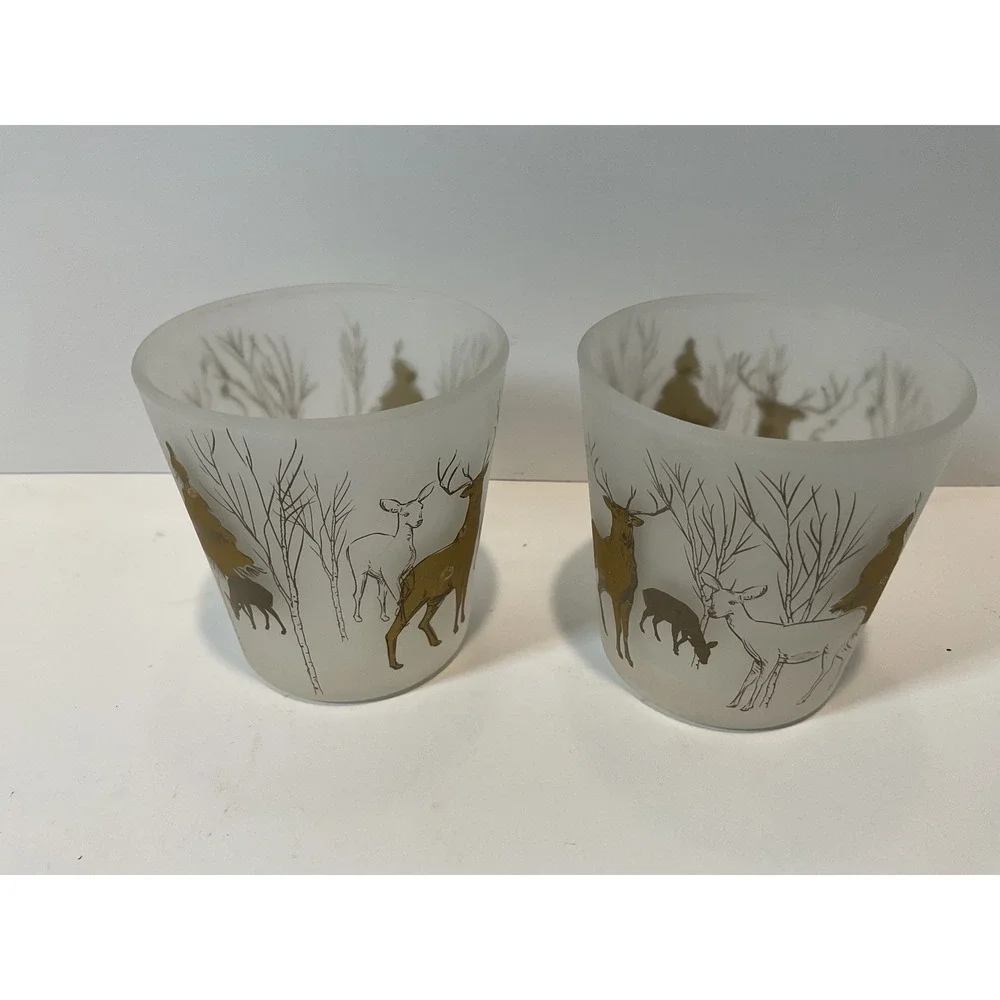 Set Of 2 Frosted Glass Votive Candle Holders Woodland Deer Winter‎ Scene